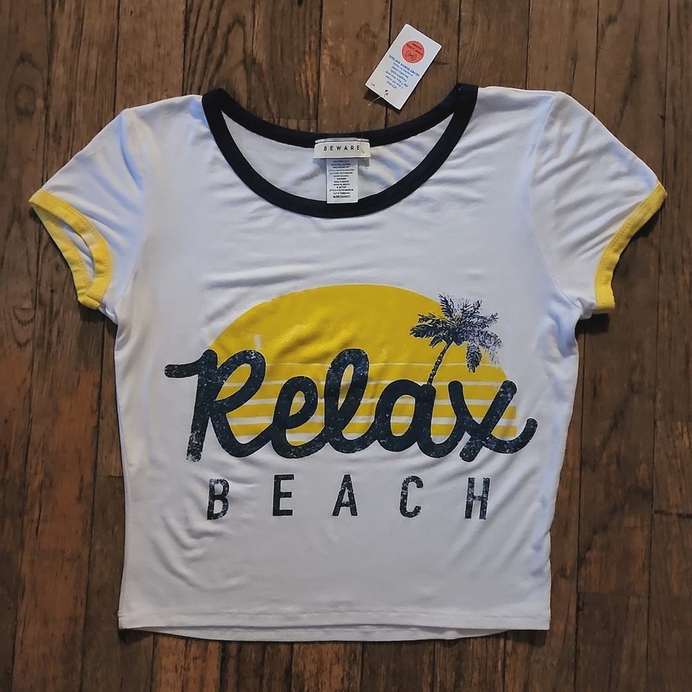 New! "Relax Beach" Palm Tree Sun Graphic Tee White Yellow Blue